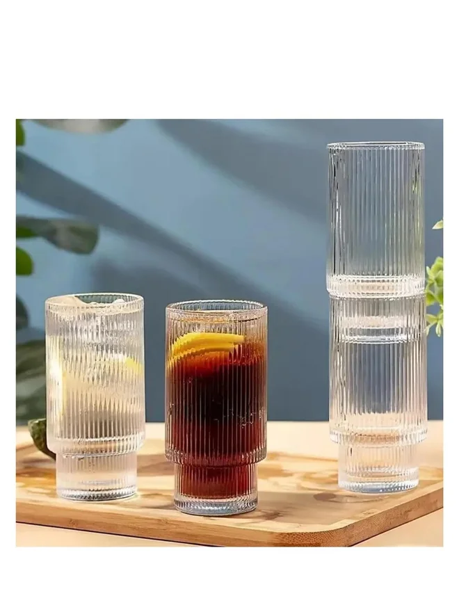 1 تشيس 1CHASE Set of 4 - Ribbed Drinking Glasses with Glass Straws 450ml